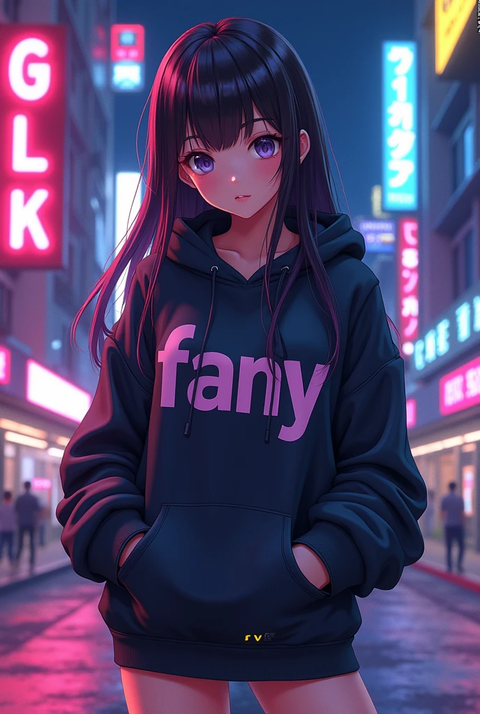 Create a character anime, {background: capital text “GLBK”, night city}, tanned skin,
realistic, HDR, beautiful, japan style, full body, use piastol, age 20, hoodie HD text: “FANY”, female, long hair