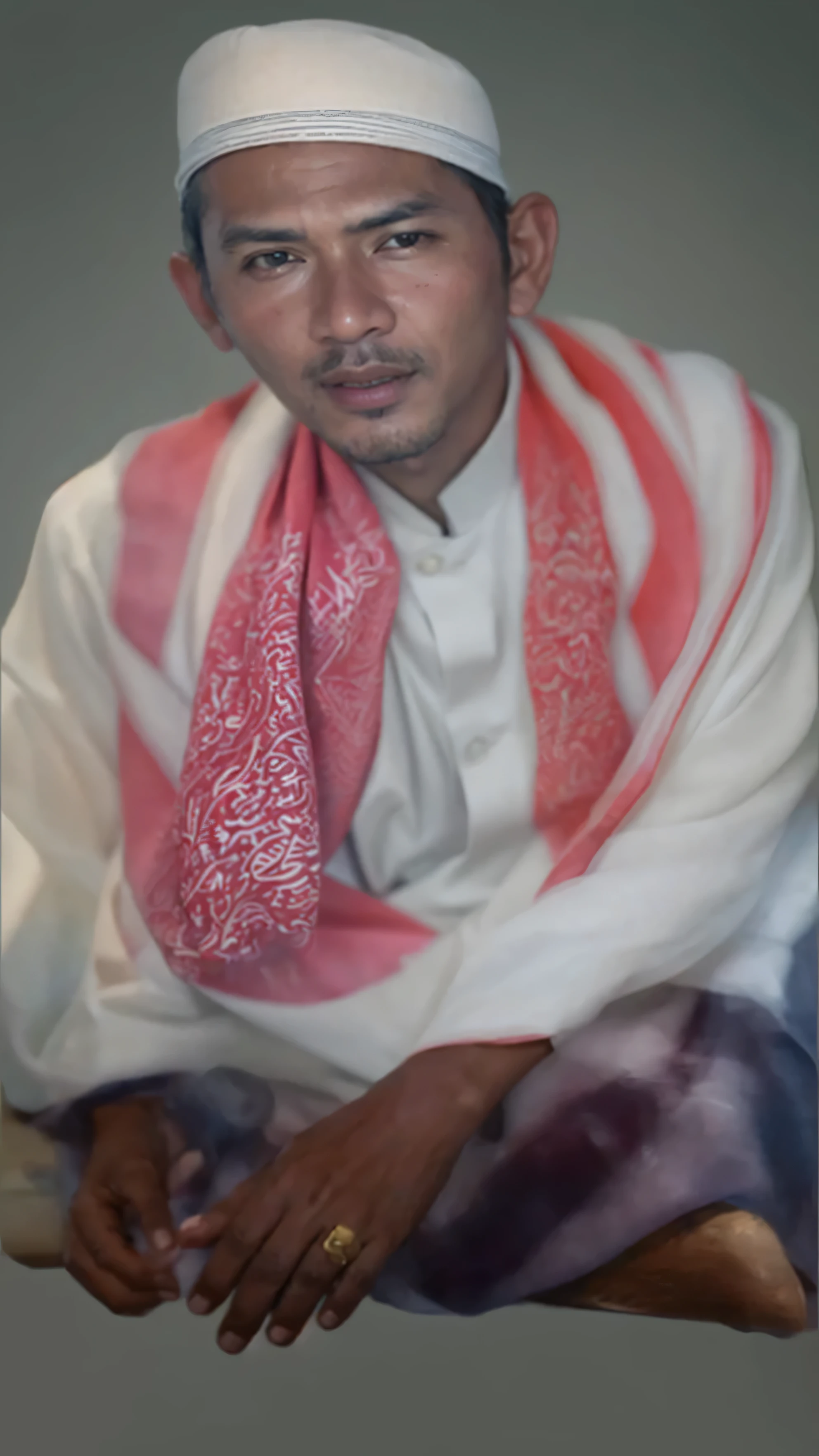 Make this photo look realistic and detailed, A Muslim man sits cross-legged with a white hat and wearing white muslim shirt and red scarf on neck, brown sheath, an indonesia, very detailed potrait, realistic portrait photo, profile portrait, very detailed face, very realistic face, very perfected face, very detailed clothes, very realistic clothes, very perfected clothes.