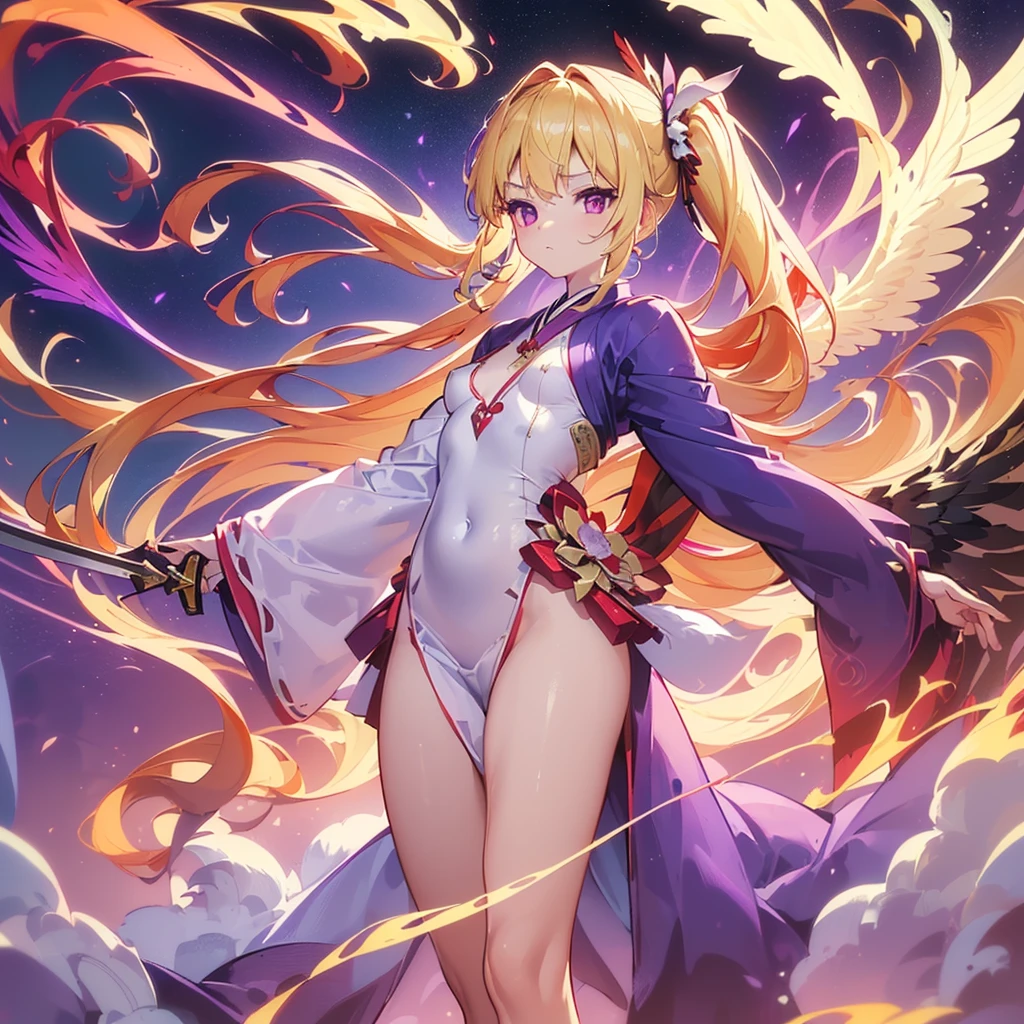 (((Best Quality)) (((One Person))) (anatomically correct) (long side ponytail 1.4),facing this way, angel,((small breast))(young)((big wings))kimono of the god of Japan1.8,long blonde 2.0((holding the legendary red two-handed big sword))((purple eyes)) universe 1.8, galaxy in the background