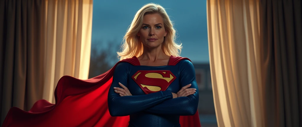 (((very beautiful old Supergirl (((1984s Supergirl movie costume))) Julie Hagerty))) Super old woman Julie Hagerty; confident, powerful, indestructible, attractive; big and firm chest; strong breasts; arms crossed. , floating, at night, outside a window; straight body; view from inside to outside, full body fluttering curtains, night, cinematic lighting, dramatic pose, beautiful detailed eyes, beautiful detailed lips, extremely detailed face and features, elegant, graceful, flowing cape, vibrant colors, hyperrealistic, 8k, high quality, intricate details, photorealistic, masterpiece