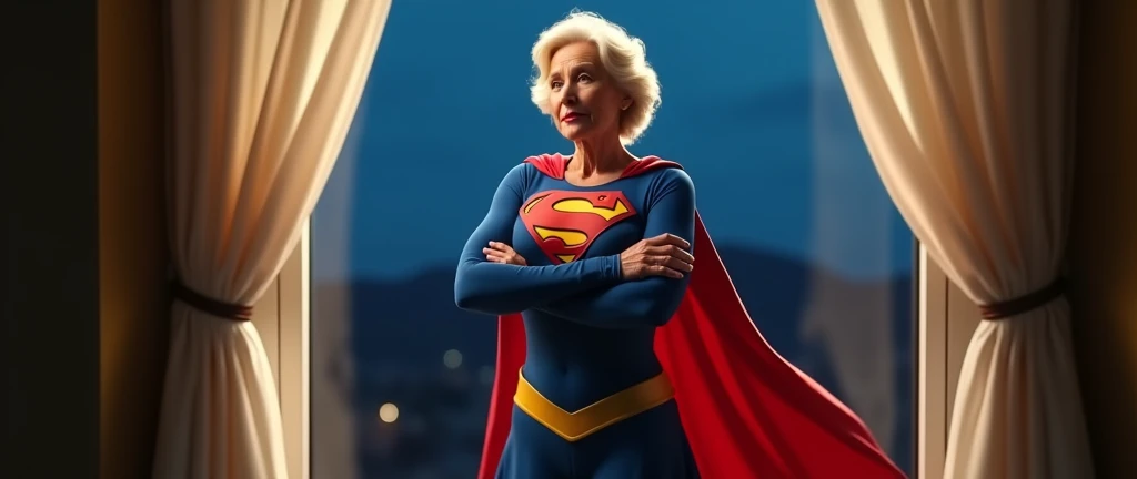 (((very beautiful old Supergirl (((1984s Supergirl movie costume))) Julie Hagerty))) Super old woman Julie Hagerty; confident, powerful, indestructible, attractive; big and firm chest; strong breasts; arms crossed. , floating, at night, outside a window; straight body; view from inside to outside, full body fluttering curtains, night, cinematic lighting, dramatic pose, beautiful detailed eyes, beautiful detailed lips, extremely detailed face and features, elegant, graceful, flowing cape, vibrant colors, hyperrealistic, 8k, high quality, intricate details, photorealistic, masterpiece
