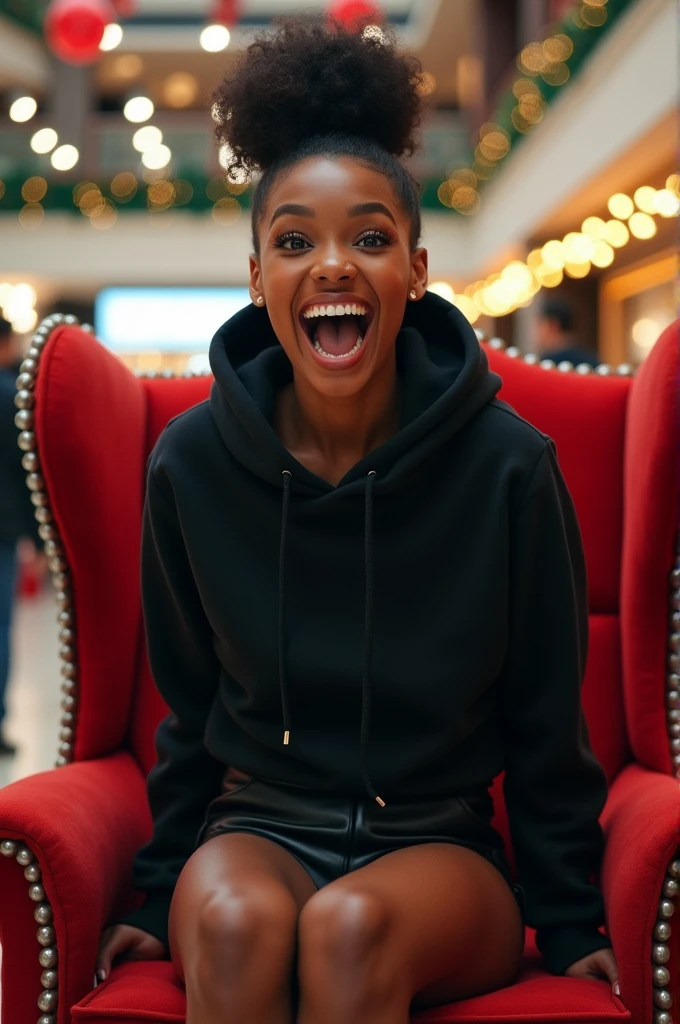 Black woman wearing leather short shorts and black hoodie hair in a bun setting on santas lap in the mall. The look on her face is eyes wide open and excited