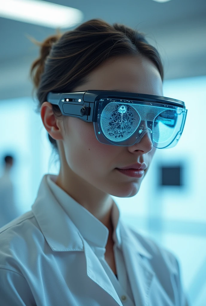 Generate a picture of vein scanner eyeglasses with visible on lenses scanner. No person. Make ot laboratory glasses