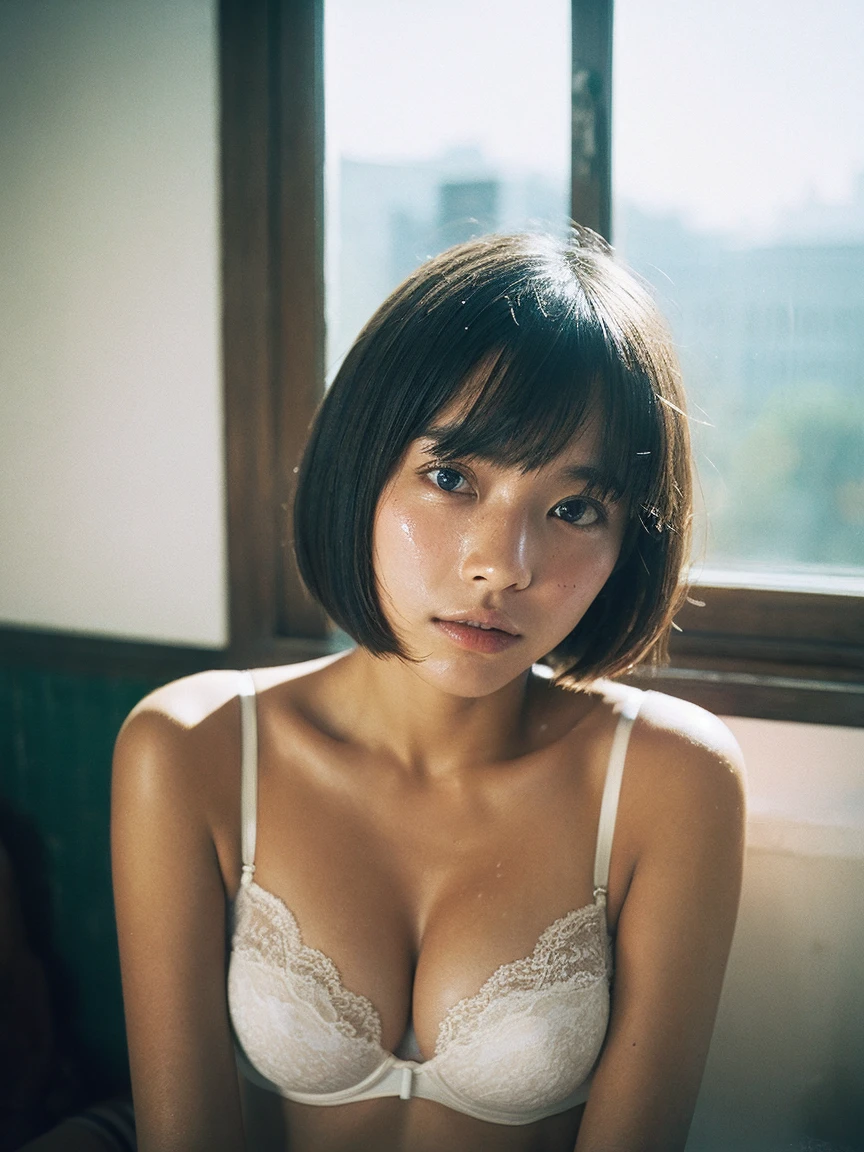 Japanese women, In underwear,Lace white bra,Sweaty shiny skin、Young Face, Bob Cut Hair, morning, window, Incomplete details, Shooting with Leica, analog, 35mm:: (Artistic light leakage:1.4), Lens flare::4 - Style Row - AR 2:3 --s 150 --c 4