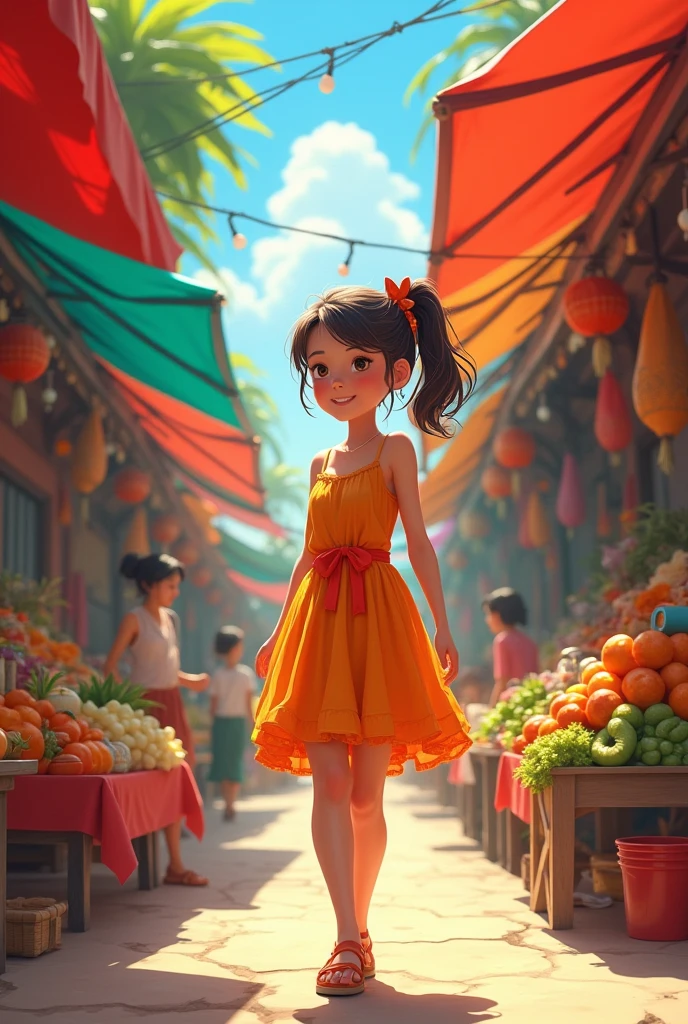 A girl with short dress in a street market