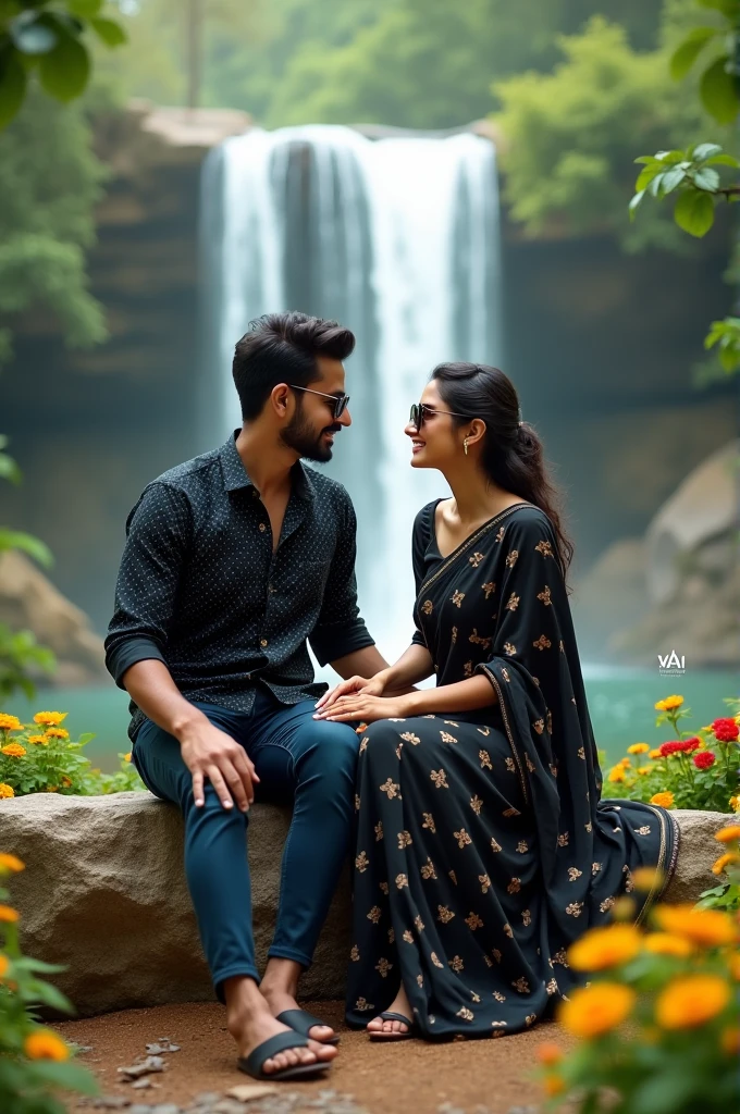 1 couple sitting in stylish poses With eyes to eyes contact with romantic smil, with 3D text name says “Saurabh” &’ Vai...”n side. boy wearing black printd shirt and girl wearingring black printd saree with stylish jutti, with tiny flowers design. looking so Pretty, cute, hot, indian, smiling, sunglasses, shes sitting in big rock with tiny yellow and red flowers. Full Blaring background forest, beautiful water falls, flowers garden sorrounding, 4k high quality.