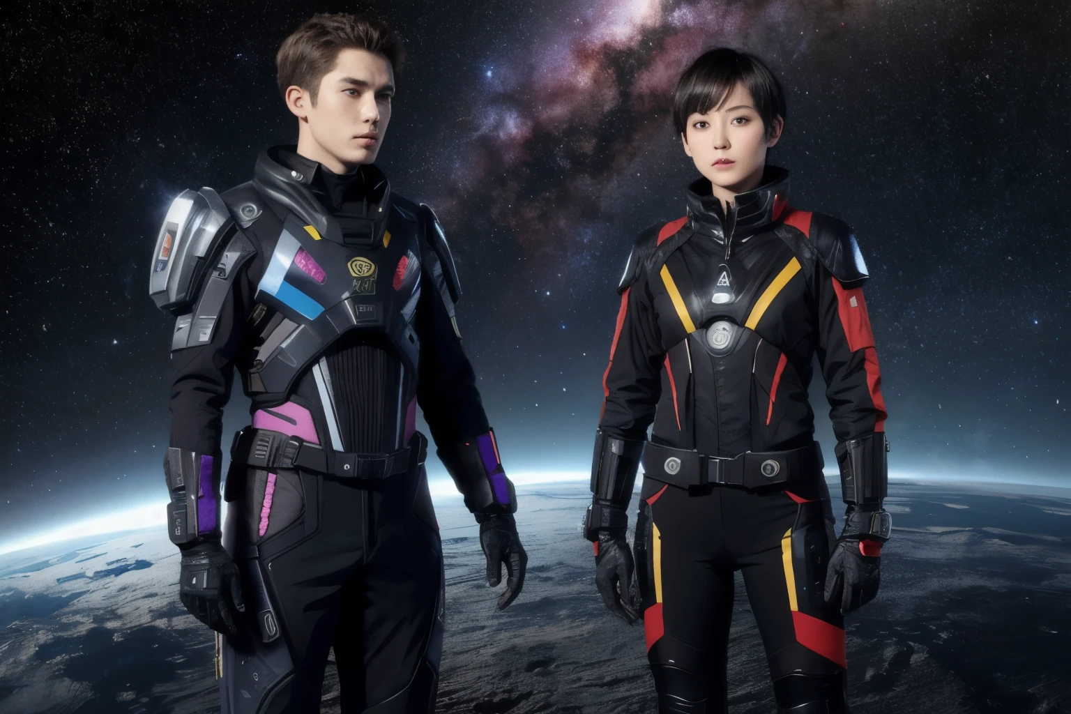277 (20-year-old woman,short hair), (20-year-old male), Are standing, flower, Futuristic clothing, machinery suit, (The background is a galaxy and nebula)