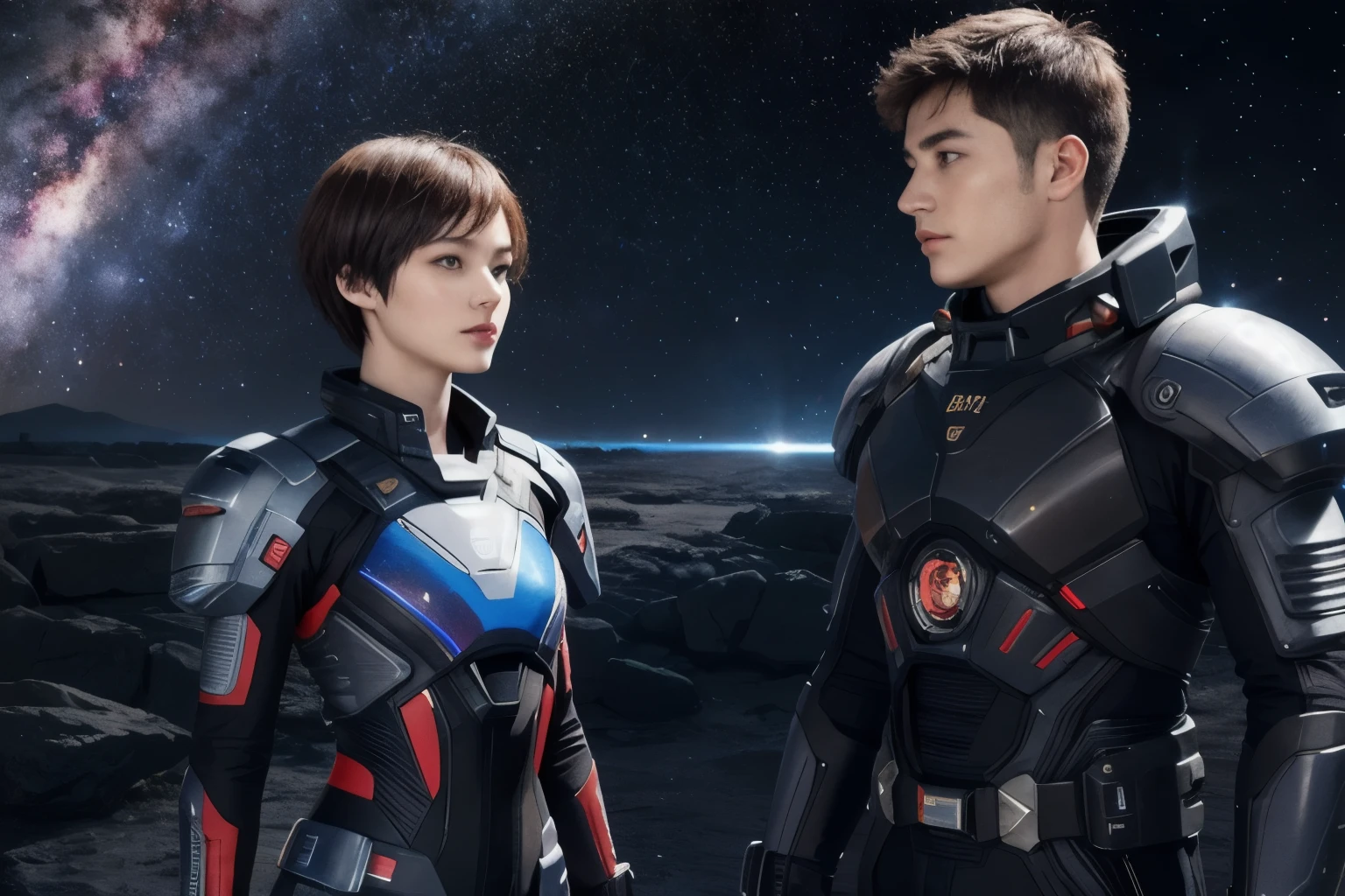 277 (20-year-old woman,short hair), (20-year-old male), Are standing, flower, Futuristic clothing, machinery suit, (The background is a galaxy and nebula)