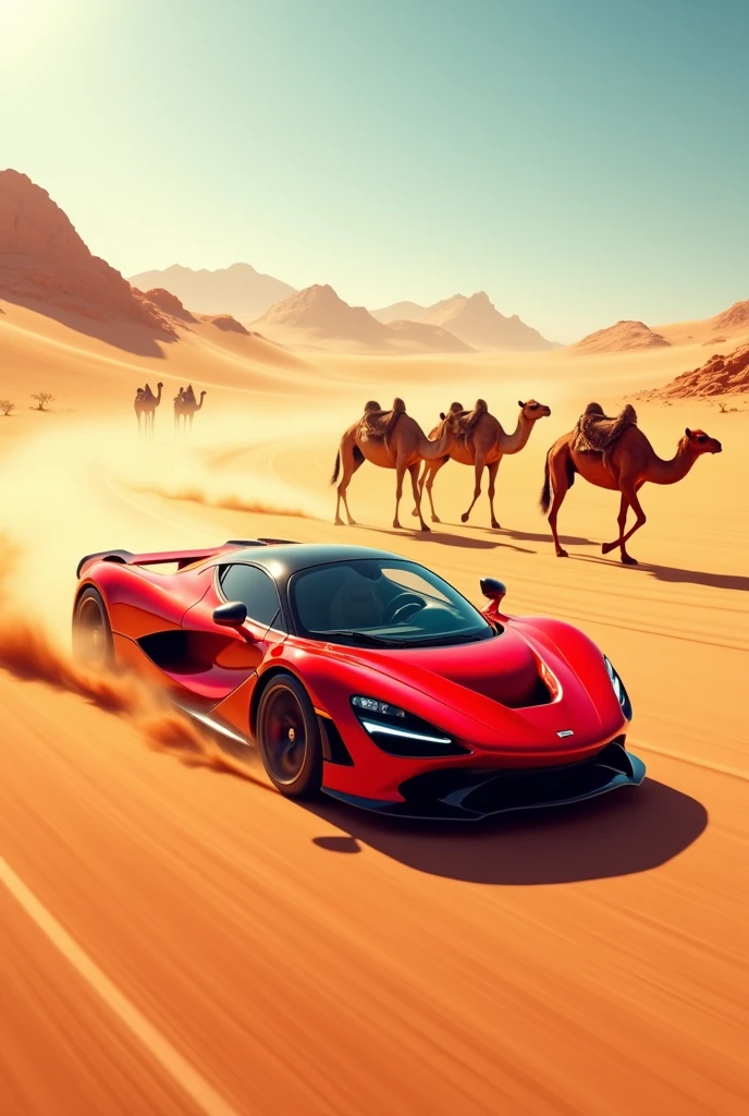 A red car drive in desert with camels