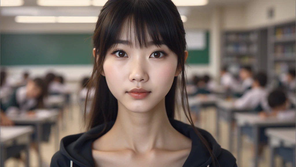 Young beautiful woman, Chinese face, long neck, Adam's apple, classroom, school uniform