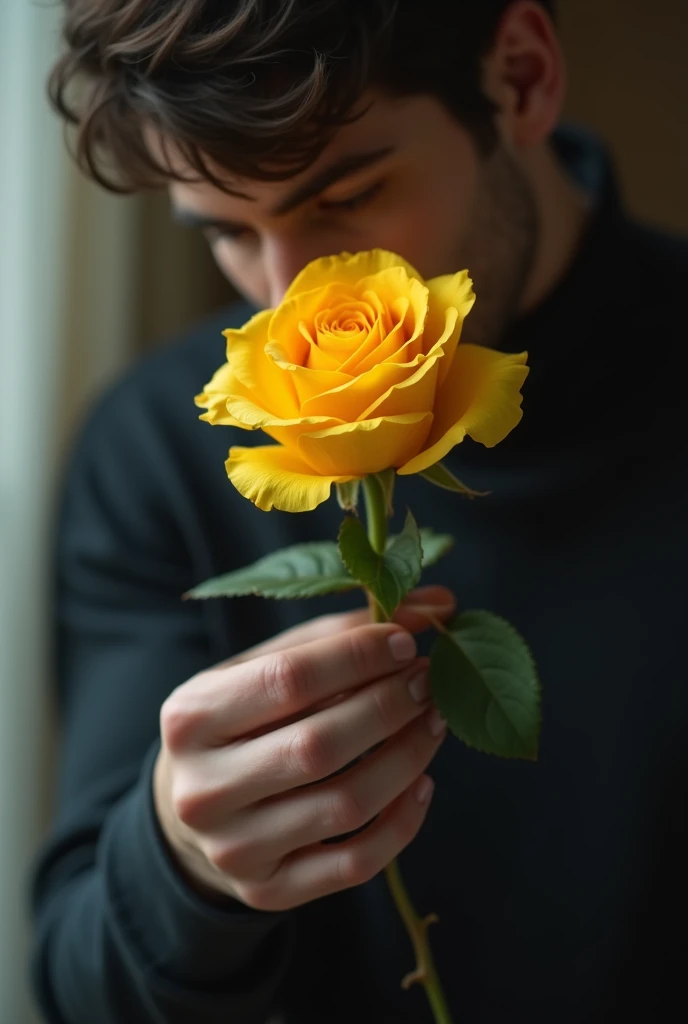  holding yellow rose in males hand dont show face