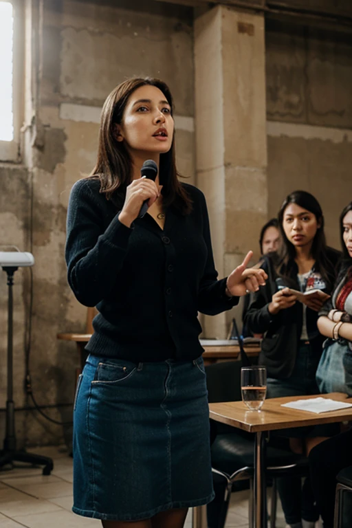 a woman speaking free, people listen her