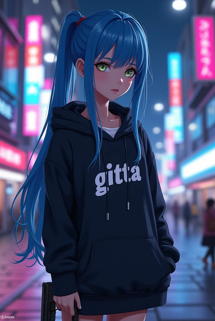 Create a character anime {{background: capital text:“GLBK”, night city}}, 
tanned skin, realistic, HDR, beautiful, japan style, full body, use piastol, age 20, hoodie HD text: “GITTA”, female, long hair, color hair: gradient blue