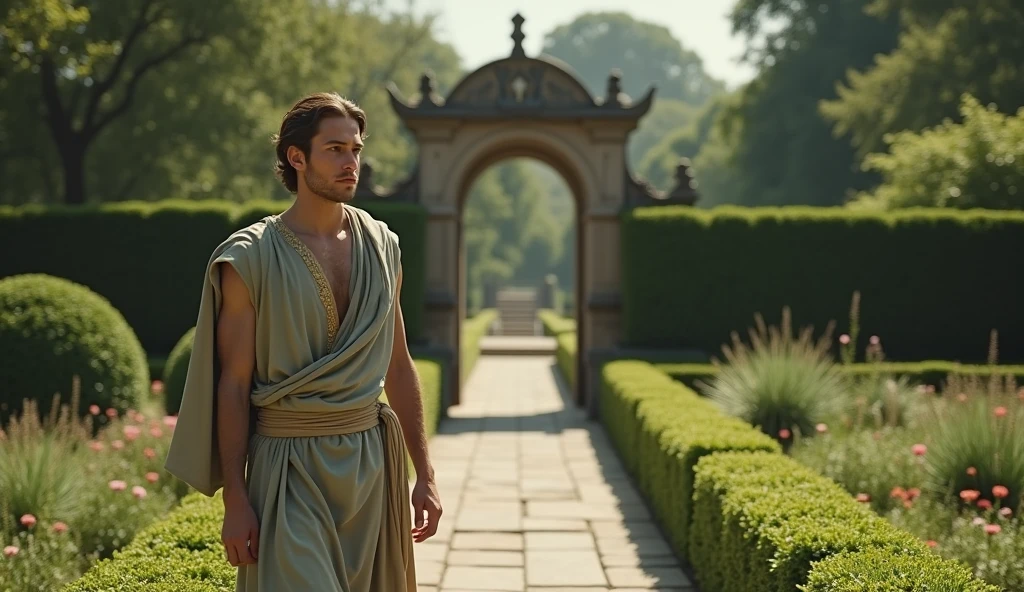 **Scena:**
A young stoic philosopher is standing in a serene and well-kept garden, which symbolises mental clarity and inner peace. The philosopher is an attractive man, with a serene appearance, but determined. It is positioned next to a symbolic gate, which divides the garden into two distinct parts.
**Details:**
- **The Philosopher:** He is dressed in a tunic of soft tones, such as gray or olive green, with subtle golden details, which fall gently on his body, leaving one of his shoulders exposed. Your expression is one of seriousness and firmness, reflecting your decision to protect your personal space.
Scenario: The garden now in perfect harmony, with different areas for different types of plants, The garden is lush and harmonious, capturing the sense of balance and authenticity the philosopher has achieved after removing negativity and fostering positivity.” (representing balanced aspects of life).
• Action: The philosopher walks quietly through the garden, symbolising the search for balance and authenticity. The inspiring figures are still present, but on a level of equality with the philosopher.
• Message: This image concludes the sequence by showing how, after eliminating the negative and cultivating the positive, the philosopher seeks balance and a more authentic life.