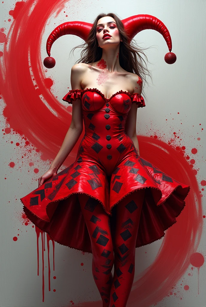 Create an image of a woman dressed as a harliquin joker against a textured, light gray background.  splashing and swirling outward in vibrant, fluid shapes. The red paint forms artistic splatters and brushstrokes, giving the illusion that the dress is being painted in real-time.The overall scene blends elements of fashion and art, showcasing a dynamic interaction between the two.
