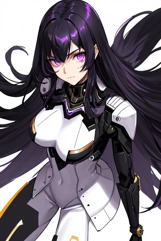solo, Long Hair, Purple eyes, Sparkling eyes, Proud face,Black Hair,White combat suit,Gold,Bottom black,Elevation,Looking from above,Mechanical Sword,high resolution,big bang,Left hand chest,Hair fluttering