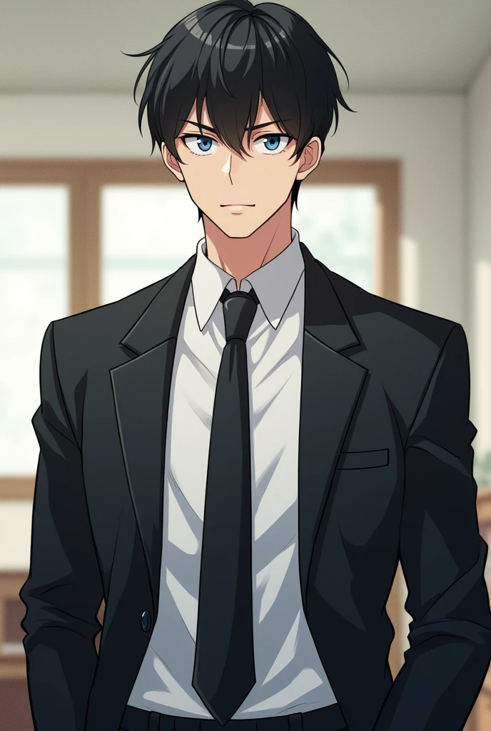 A male handsome square face shape sharp 
bule eyes tall height sweat student wearing white shirt black tie and black blazzer of age 24 manga character  full body