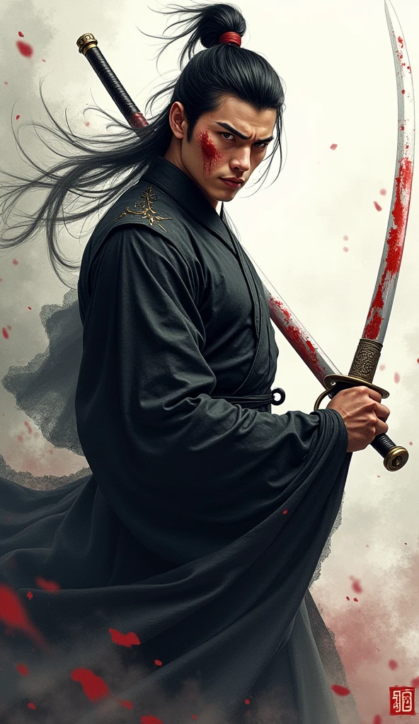 Handsome man, chinese black historical costume, holding a bloody sword, blood on face, anime water colour art style, illustration, chinese idol face, pretty face