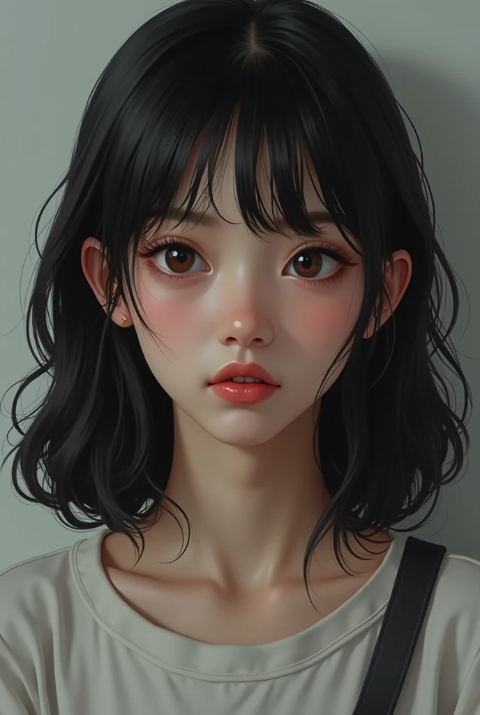 A seventeen year old girl, medium length black hair , fair to medium skintone, square round face shape , big hooded eyes , medium sized lips , a lttlie flat nose