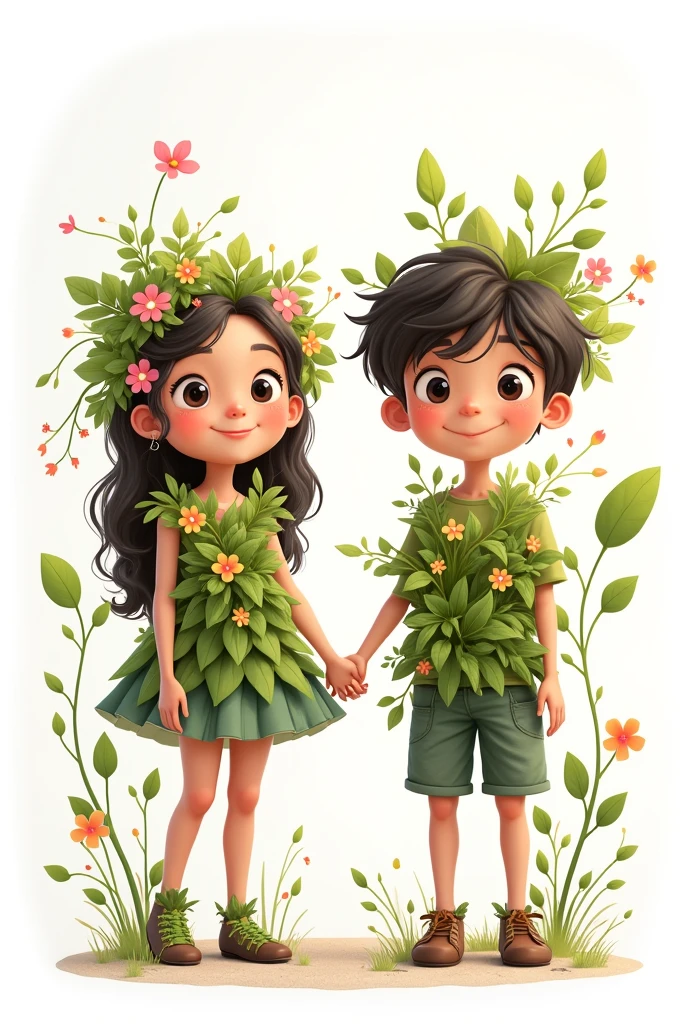 girl and boy as a plant, with plant like body happy and walking and white background, vector 2d art, looking at front in camera hapy