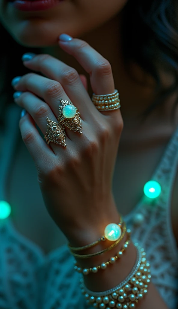 Bioluminescent Orb Jewelry”: A close-up of a woman’s hand adorned with rings and bracelets that contain small, glowing orbs. Each orb emits a soft, colored light that pulses gently, casting a subtle glow on the skin. The jewelry is delicate and intricate, with a design that feels both ancient and futuristic. [Fashion accessory photography, inspired by nature and advanced technology], [Soft, ambient lighting, focus on the glowing orbs and jewelry details, mystical and elegant atmosphere].