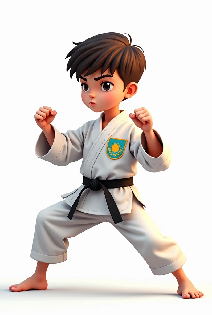 ((officially)) ((masterpiece)) ((Best quality)) ((detailed)) cartoon boy karateka in uniform with emblem flag of Kazakhstan in fighting stance on white background