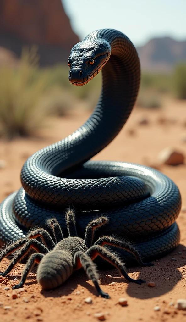 Black mamba on a dead tarantula that it fought