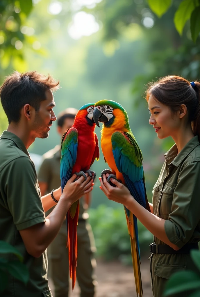 People are catching two parrots
