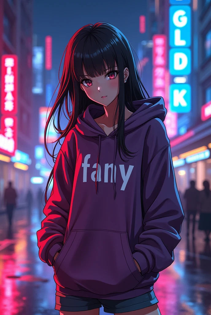 Create a character anime, {background: capital text “GLBK”, night city}, tanned skin,
realistic, HDR, beautiful, japan style, full body, use piastol, age 20, hoodie HD text: “FANY”, female, long hair