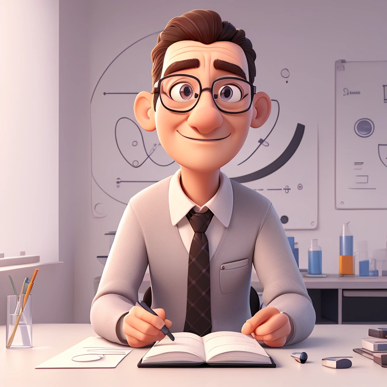 a detailed logo with professor, 3d render, professional quality, ultra-detailed, photorealistic, award-winning logo design, clean geometric shapes, minimalist, sophisticated, elegant, intellectual, academic, thoughtful expression, lab coat, tie, glasses, desk, books, chalkboard, scientific equipment, warm lighting