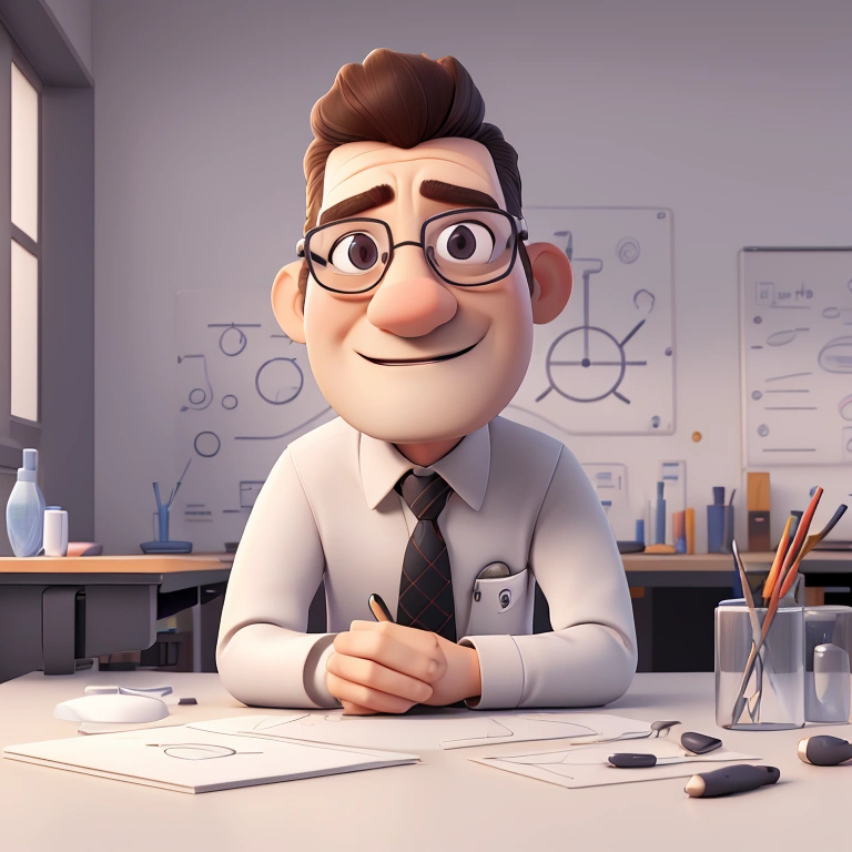 a detailed logo with professor, 3d render, professional quality, ultra-detailed, photorealistic, award-winning logo design, clean geometric shapes, minimalist, sophisticated, elegant, intellectual, academic, thoughtful expression, lab coat, tie, glasses, desk, books, chalkboard, scientific equipment, warm lighting
