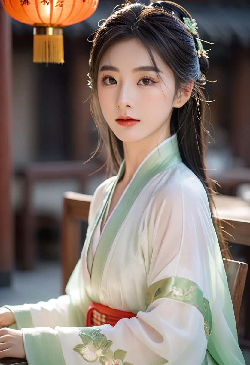 In the sun, Hanfu women, white hanfu,((Ultra-realistic photos, ultra-high quality, 8k)),
Photo,Portrait,Chinese girl,Highlights straight hair,Sitting in front of restaurant,Wearing clothes,Smooth skin and hair,Edge lighting,Studio lighting,Looking at camera,DSLR camera,Clear focus,Clear focus point,DOF,Film grain,FUJIFILM XT3,Crystal clear,8K UHD,Highly detailed glossy eyes,Highly detailed skin,Large pores,Portrait,High sharpness,Very detailed,Photography 8K, HD, upscale, Realism, First-person perspective, positive face,looking at the audience