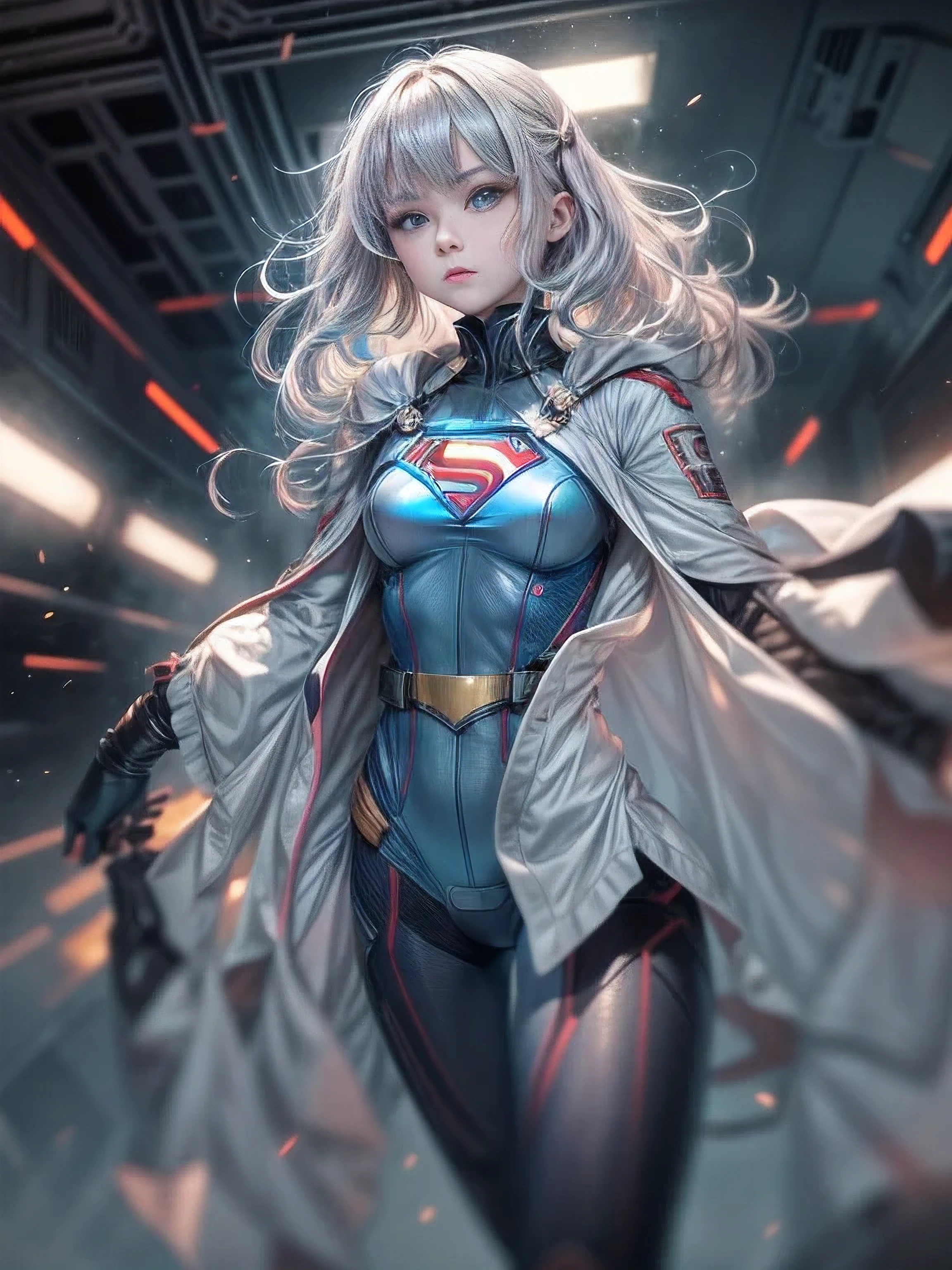 （（２The bullets are approaching））8k.Half Russian and half Japanese、Russian face、beautiful girl、PRİNCESS、、Small face、Young face、Big eyes、Skinny、Small breasts、（（（Silver Hair、Silver Hair）））、With bangs、（（（High resolution big beautiful light blue eyes, ）））、Shortcuts、Bobcut、（（２The bullets are approaching））、Supergirl from the planet Krypton（（Superman's Suit））、whole body、Supergirl,,sf,Fantasy、（（２The bullets are approaching））