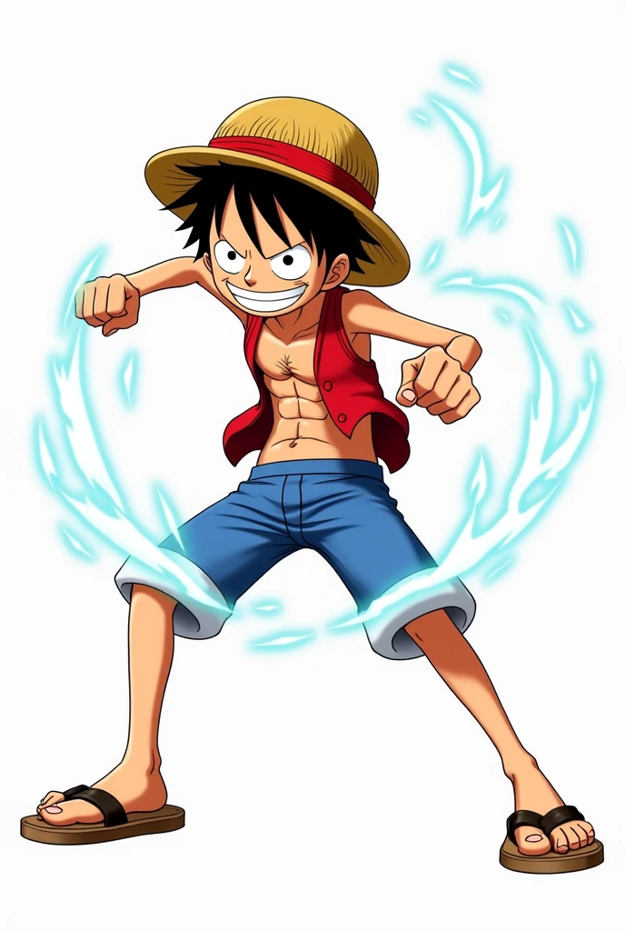 ey D. Luffy takes an attacking stance surrounded by white glowing visual effects excited to fight. 