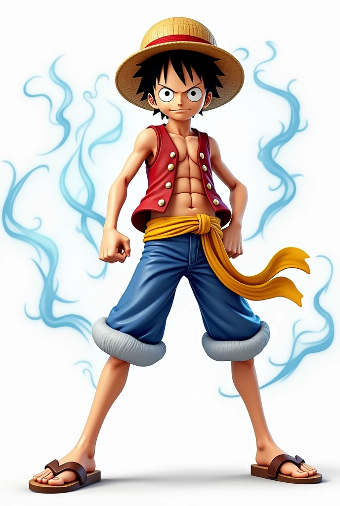 Monkey D. Luffy takes an attacking stance surrounded by white glowing visual effects excited to fight.
