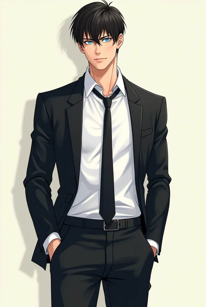 A male handsome triangle face shape sharp 
bule eyes tall height sweat student wearing white shirt black tie and black blazzer of age 24 manga character  full body