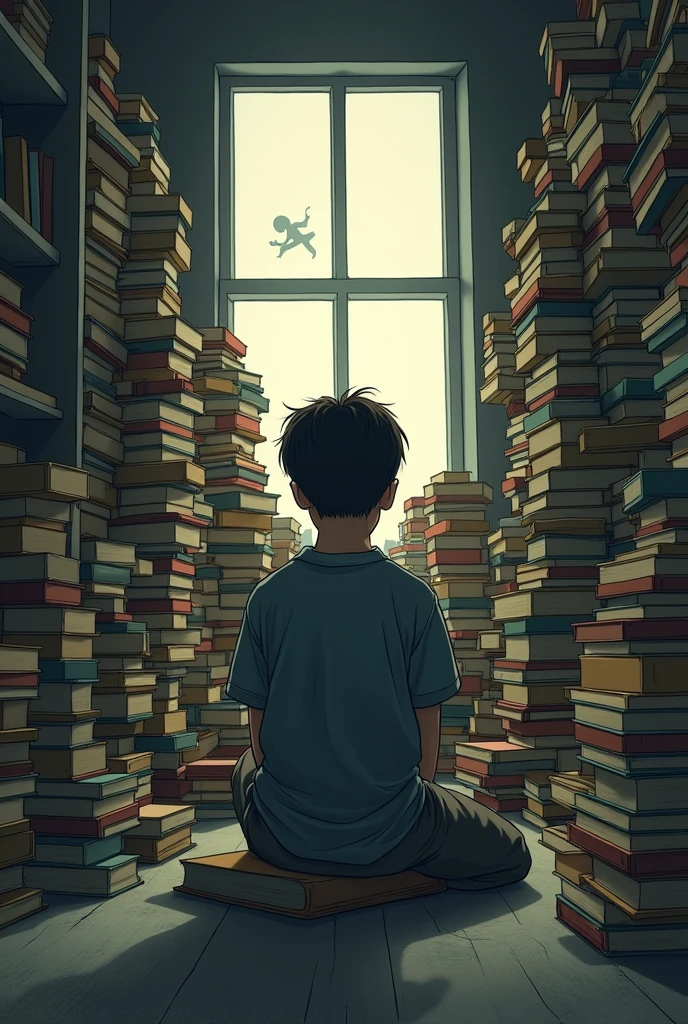 A boy reading books,/ has no freedom,/ other kids playing,/ stock in a room with a pile of books