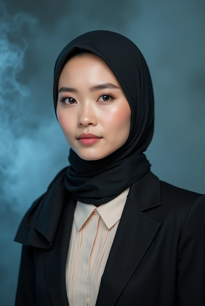 An indonesian woman wearing black suit with cream shirt, wearing hijab. Background blue smoke photography backdrop, close up, realistic, detail UHD 8k