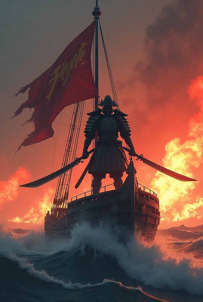 Anime Japanese hayabusa on a ship standing with his big blades on a sea on fire. Put a flag with HAYATE text on the flag and ahip