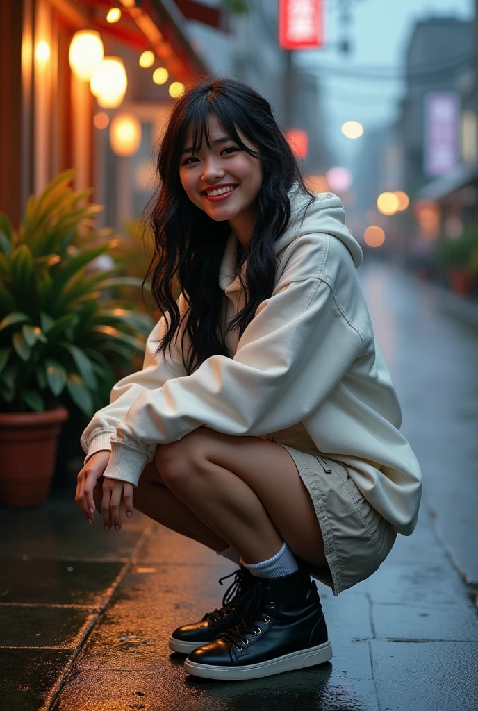 one person、High resolution、smile、High resolution、masterpiece、Anatomically correct、Person Portrait、Background blur、Super Real Photo、High resolution、Dramatic image、Harajuku casual fashion、dynamic、The perspective of the shot is quite far away、Capture the whole subject。Capture the whole subject、Beautiful decoration、Crouching、
background:Scenery with an open cafe in the rain