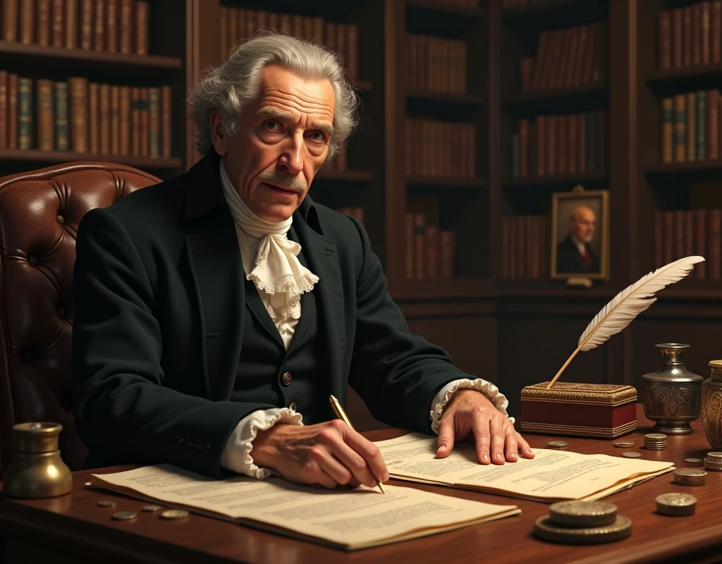 A dramatic and detailed scene of Mayer Amschel Rothschild in the late 18th century, sitting at a wooden desk covered with coins, ledgers, and financial documents. He is shown with a focused expression, deep in thought, as he realizes the potential of banking. His attire includes a dark coat, white cravat, and waistcoat, typical of the era. The background features the interior of a wealthy study or office, with shelves of books, a quill and inkpot, and perhaps a safe or strongbox. The lighting casts a warm glow over the scene, emphasizing the moment of inspiration and foresight in his eyes.