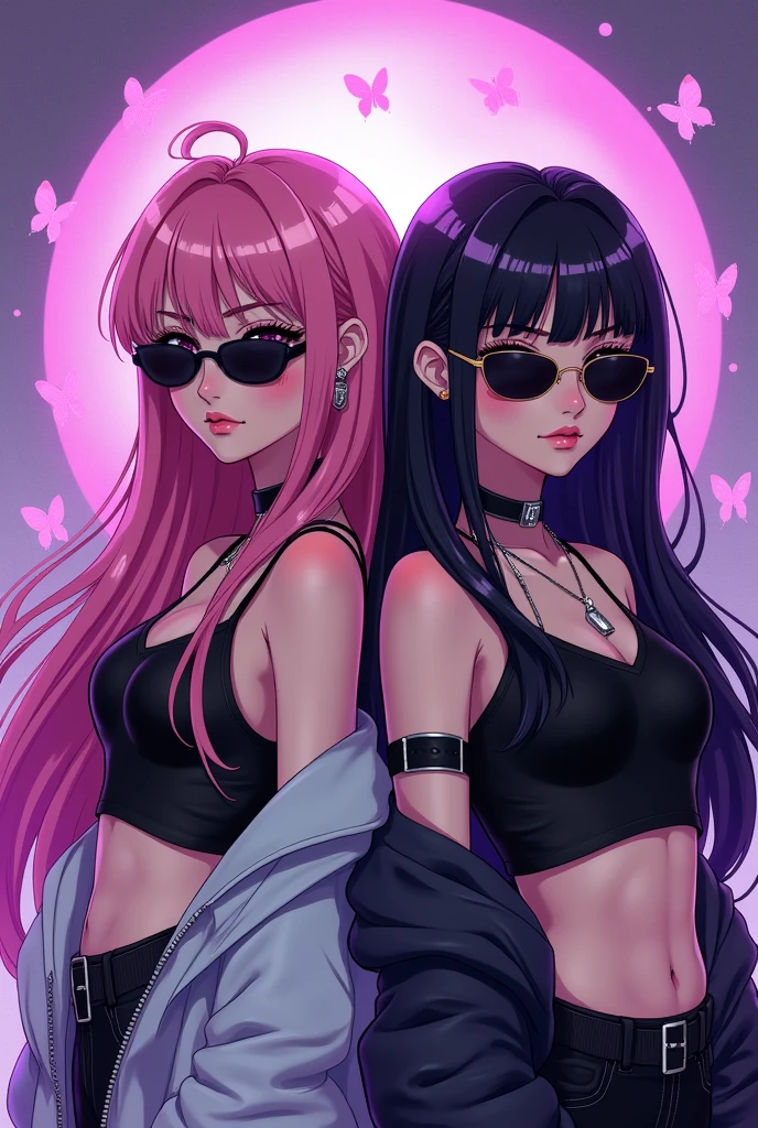 girl hair pink LARGE with black, eyes pink, face seriues with sunglasses cool  and friend girl hair black with purple, face seriues with sunglasses pose peace , butterflies purples particles little , anime HD , oufit futurista, crop top black , match icon, atmosphere 80s
