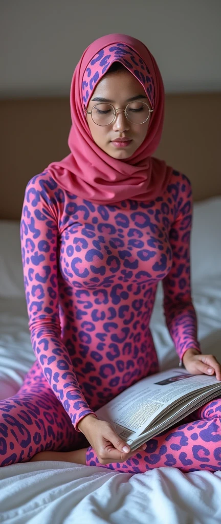 The most beautiful,thin,most pretty and clever Asian muslimah adult girl wears pink and purple leopard print lycra turtleneck unitard catsuit covered with spots.She always wear pink and purple leopard print lycra dancewear stretchy square hijab covered with many spots.She sits on the bed and reads a lot of newspapers
