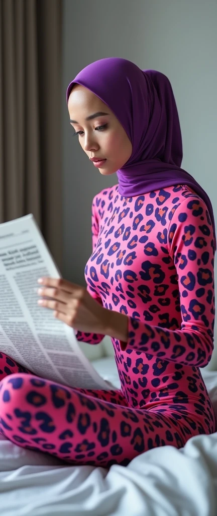 The most beautiful,thin,most pretty and clever Asian muslimah adult girl wears pink and purple leopard print lycra turtleneck unitard catsuit covered with spots.She always wear pink and purple leopard print lycra dancewear stretchy square hijab covered with many spots.She sits on the bed and reads a lot of newspapers
