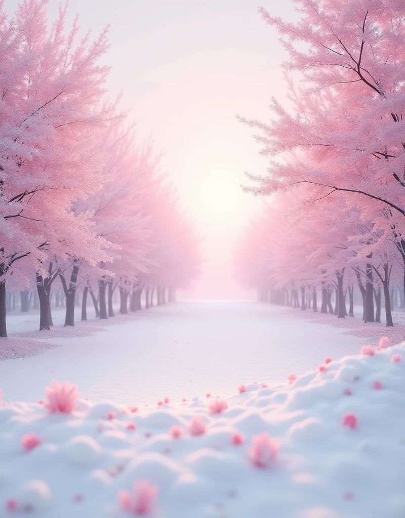 Surrealism、masterpiece、best quality、film grain、spectacular view、Snow like cherry blossom petals、light pink landscape、Snow Scene、Sakura Snow、