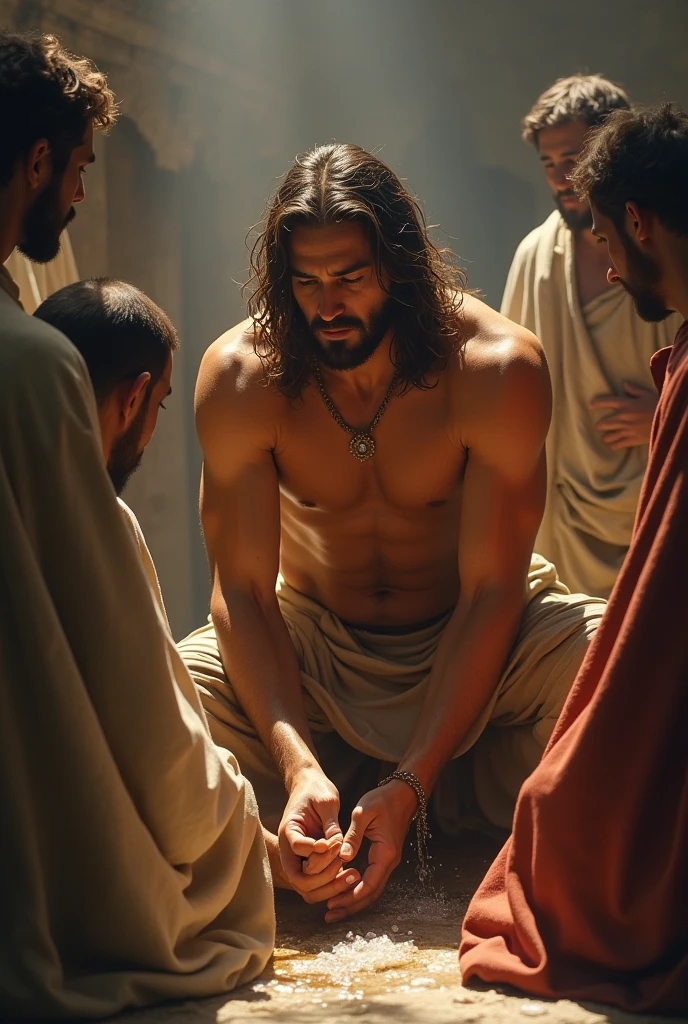 Upper naked Christ and kneel down and washing his disciples legs like a slave
