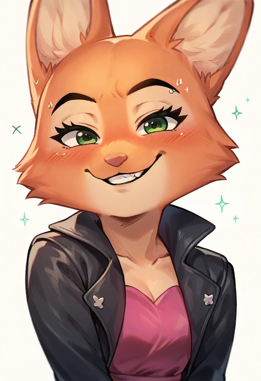 Diane Foxington, ginger fur, emerald eyes, , blush, cute look at viewer, smirk, happy, sleepy face, black leather jacket, pink dress, on nature, the sunset illuminating behind