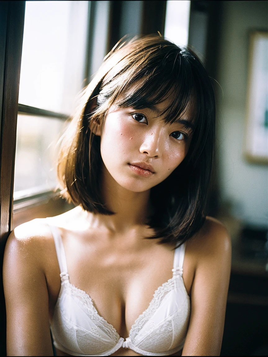 Japanese women, In underwear,Lace white bra,Sweaty shiny skin、Young Face, Bob Cut Hair, morning, window, Incomplete details, Shooting with Leica, analog, 35mm:: (Artistic light leakage:1.4), Lens flare::4 - Style Row - AR 2:3 --s 150 --c 4