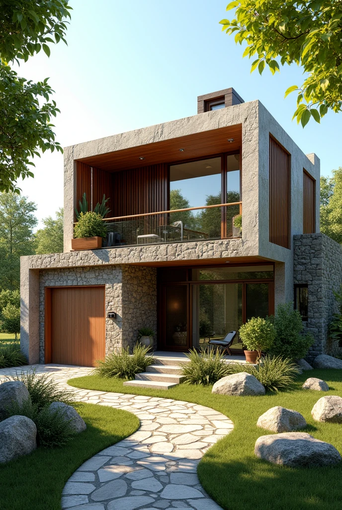 I want an image of a house that is divided into three lateral parts. I don't want it to add any inconvenience, I just want the walls to be larger. The house is divided by the side, by the side where there is a gap where there is a door to enter the house. In the middle there is a window and on the other side there is a garage. I want a house with stones, details of stones, trees, plants, wood, for example, slats, etc.
