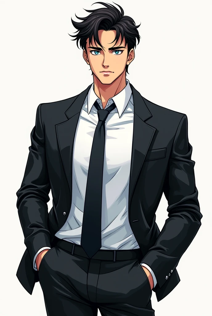 A male handsome oval face shape sharp
bule eyes tall height sweat student wearing white shirt black tie and black blazzer of age 24 manga character full body